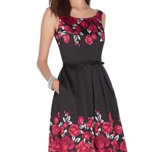 WHBM Sleeveless Belted Fit & Flare Black Red Floral Party Cocktail Dress SZ 4